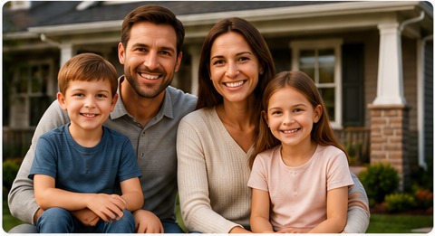 Family outside a home
